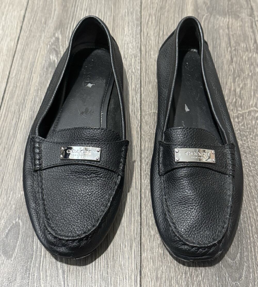Coach Fredrica Loafers Women's 6.5B Black Pebbled Leather Logo Plate Moccasins